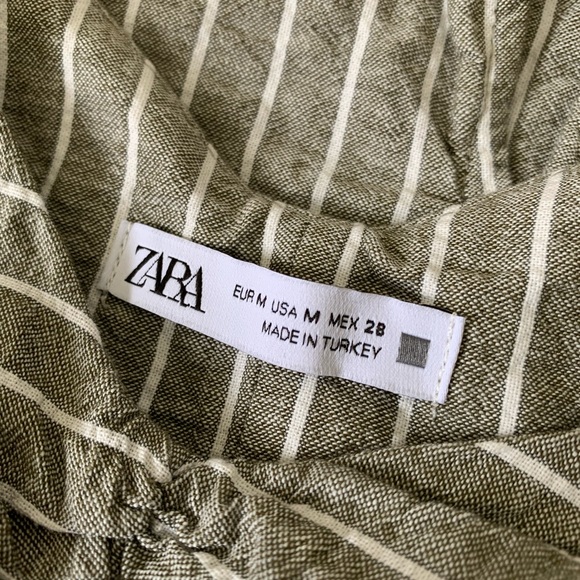 ZARA Stripe Linen Midi Ruched Dress Straw - Picture 5 of 9